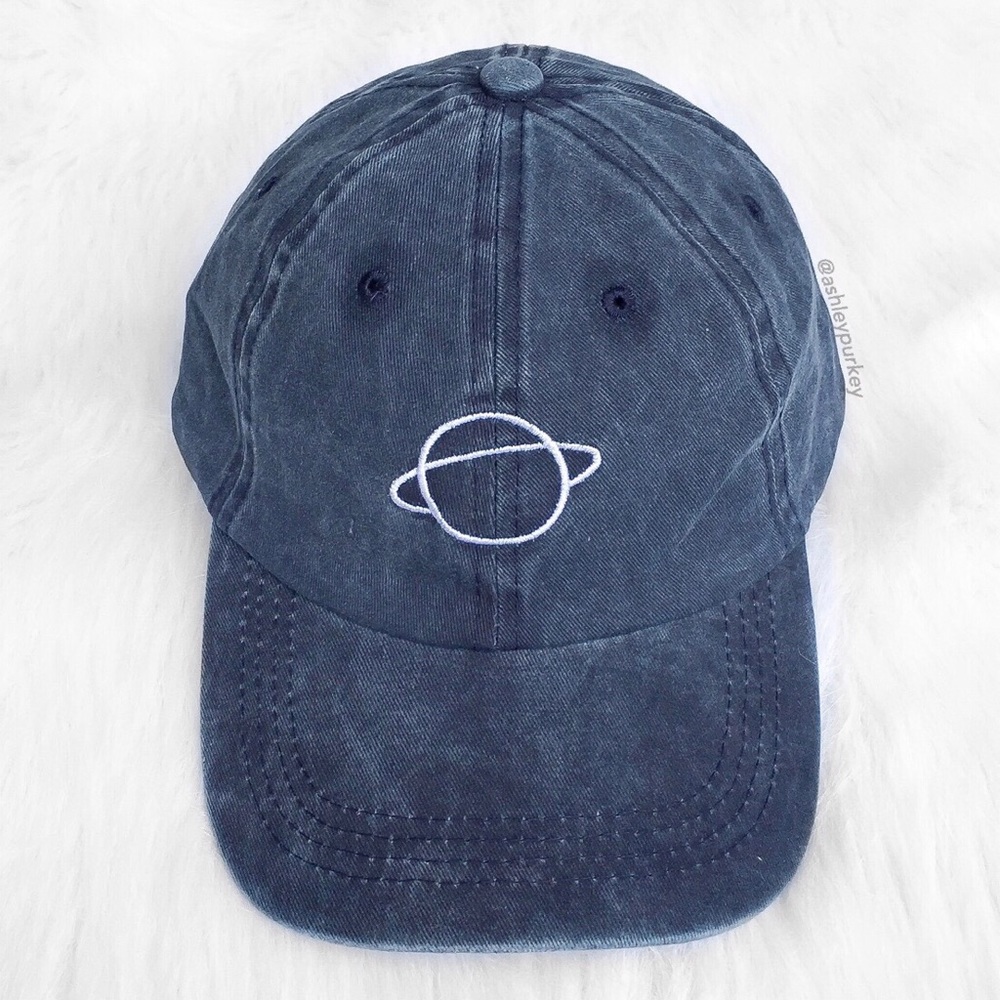 Blue denim washed planet embroidered baseball hat
